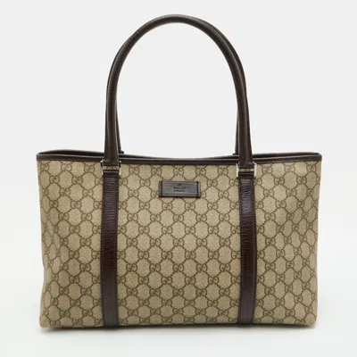 Pre-owned Gucci Gg Beige/dark Brown Supreme Canvas And Leather Tote In Sand