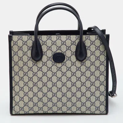 Pre-owned Gucci Gg Beige/navy Blue Gg Supreme Canvas And Leather Tote In Sand
