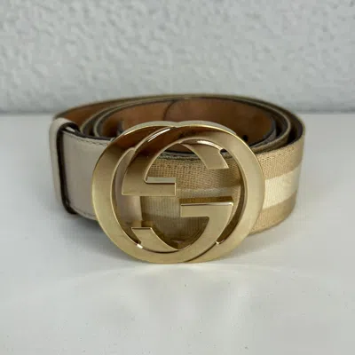 Pre-owned Gucci Gg Belt Gold Beige Leather Designer Italian Drill Y2k
