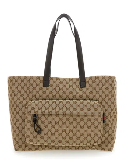 GUCCI GUCCI MEN 'GG BIG' BEIGE AND EBONY TOTE BAG WITH WEB DETAIL IN GG SUPREME CANVAS MAN