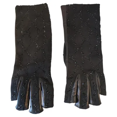 Pre-owned Gucci Gg Black Swarovski Stone And Leather Gloves Size M