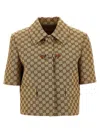 Gucci Beige Jacket With Spread Classic Collar And Horsebit On The Front In Gg Canvas Woman