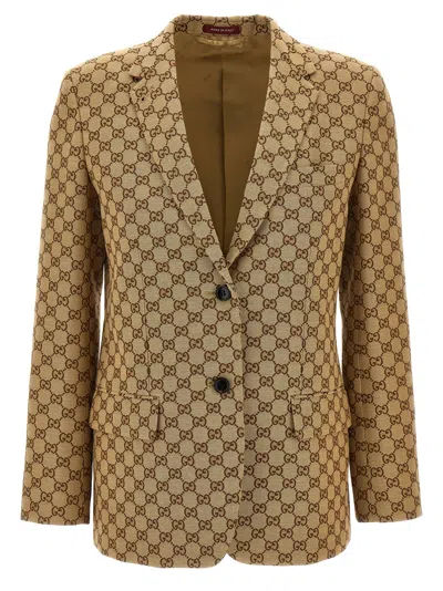 Gucci Womens Camel Ebony Mix Monogram-print Slim-fit Cotton-blend Blazer