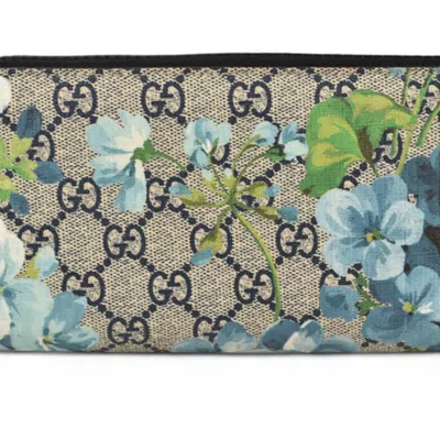 Pre-owned Gucci Gg Blooms Beige Blue Coated Canvas Long Wallet (bi-fold) ()
