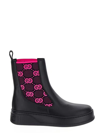 Gucci Gg Jersey Leather Ankle Boots In Black,fuchsia