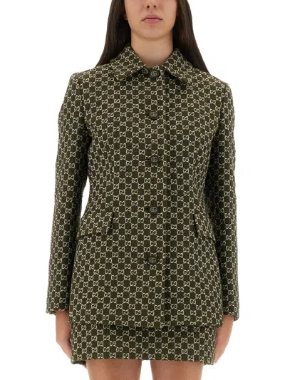 Gucci Monogram Patterned Cotton Blend Jacket In Green
