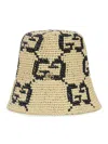 Gucci Beige Raffia Hat With Black Gg Logo Embroidery
