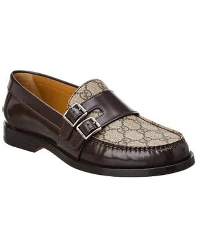 Pre-owned Gucci Gg Buckle Gg Supreme Canvas & Leather Loafer Men's In Brown