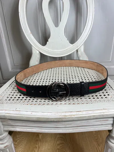 Pre-owned Gucci Gg Buckle Web Striped Leather Belt In Black