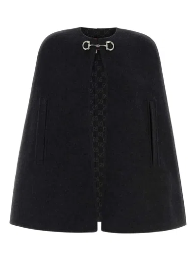 Gucci Women Black Cape With Clamp Closure On The Front And Internal Gg Motif In Wool And Silk Woman In Gray