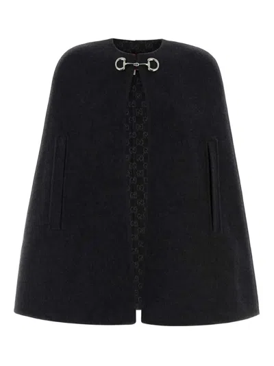 Gucci Women Black Cape With Clamp Closure On The Front And Internal Gg Motif In Wool And Silk Woman In Gray