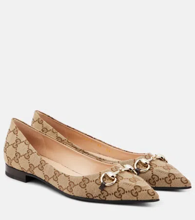 Gucci Horsebit Gg Canvas Pointed-toe Flats In Printed