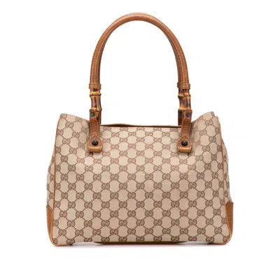 Pre-owned Gucci Gg Canvas Beige Brown Gg Canvas Leather Tote Bag ()