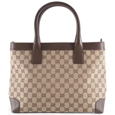 Pre-owned Gucci Gg Canvas Beige Brown Gg Canvas Leather Tote Bag ()