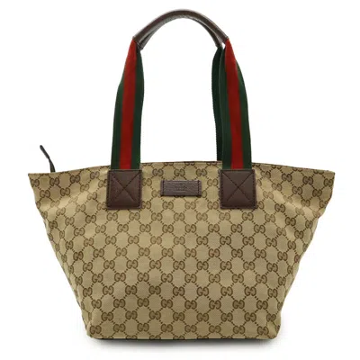 Pre-owned Gucci Gg Canvas Beige Brown Green Khaki Red Color Gg Canvas Leather Shoulder Bag Tote Bag (