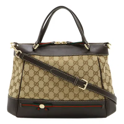 Pre-owned Gucci Gg Canvas Beige Brown Khaki Gg Canvas Leather Handbag Shoulder Bag Tote Bag ()