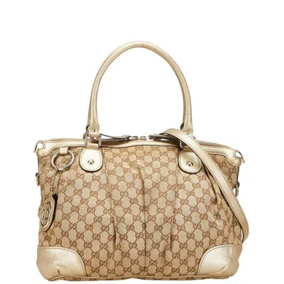 Pre-owned Gucci Gg Canvas Beige Champagne Gold Gg Canvas Leather Handbag Shoulder Bag () In Multi