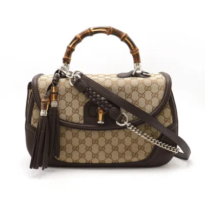 Pre-owned Gucci Gg Canvas Beige Dark Brown Gg Canvas Bamboo Handbag Shoulder Bag ()