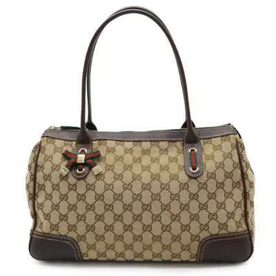 Pre-owned Gucci Gg Canvas Beige Dark Brown Khaki Canvas Leather Shoulder Bag Tote Bag ()