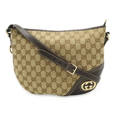 Pre-owned Gucci Gg Canvas Beige Dark Brown Khaki Gg Canvas Leather Shoulder Bag ()
