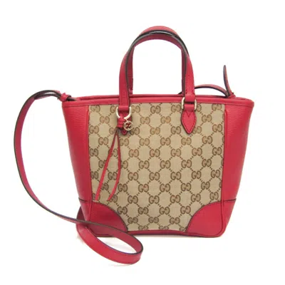 Pre-owned Gucci Gg Canvas Beige Dark Brown Red Color Leather Canvas Handbag Shoulder Bag ()