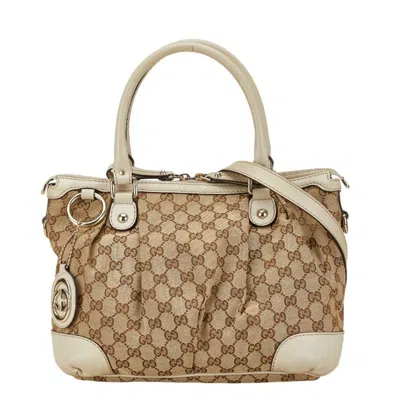 Pre-owned Gucci Gg Canvas Beige Gg Canvas Leather Handbag Shoulder Bag () In Sand