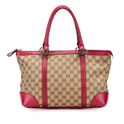 Pre-owned Gucci Gg Canvas Beige Pink Gg Canvas Leather Tote Bag ()