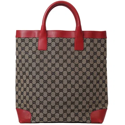 Pre-owned Gucci Gg Canvas Beige Red Color Canvas Leather Handbag Tote Bag () In Beige, Red Color