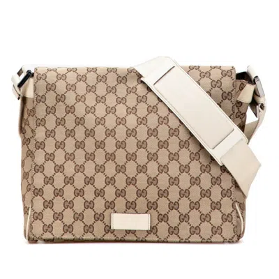 Pre-owned Gucci Gg Canvas Beige White Canvas Leather Messenger Bag Shoulder Bag () In Multi