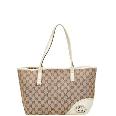 Pre-owned Gucci Gg Canvas Beige White Canvas Leather Shoulder Bag Tote Bag () In Multi