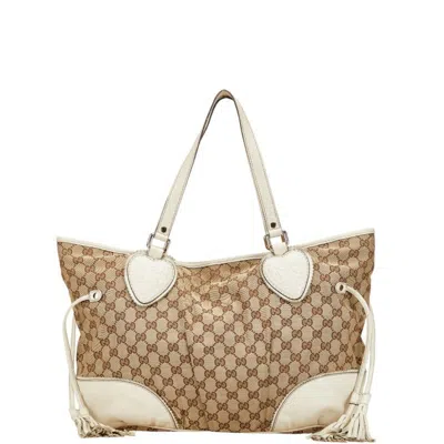 Pre-owned Gucci Gg Canvas Beige White Gg Canvas Leather Shoulder Bag Tote Bag () In Multi
