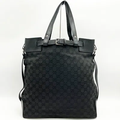 Pre-owned Gucci Gg Canvas Black Gg Canvas Leather Tote Bag ()