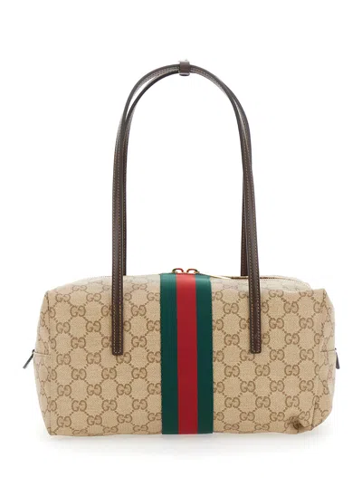 Gucci Gg Canvas Boston Shoulder Handbag With Two Top Handles, Maxi Web Strap, Zip Closure And Size 2 In Beige