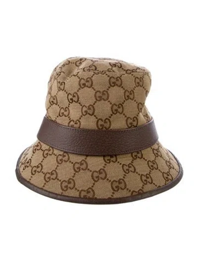 Pre-owned Gucci Gg Canvas Bucket Hat With Leather Trim In Neutral