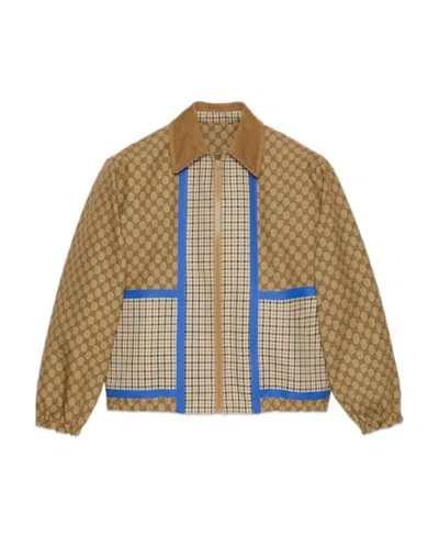 Gucci Gg-canvas Checked Reversible Cotton Jacket In Beige