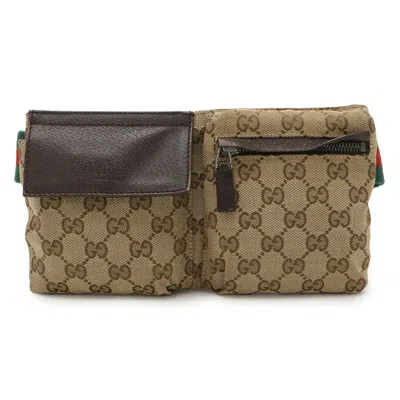 Pre-owned Gucci Gg Canvas Dark Brown Green Khaki Red Color Gg Canvas Leather Pouch Sling Bag ()