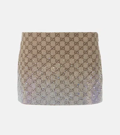 Gucci Gg Canvas Embellished Cotton-blend Miniskirt In Brown