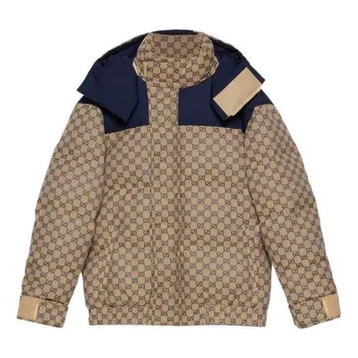 Gucci All-over Logo Print Puffer Coat In Brown