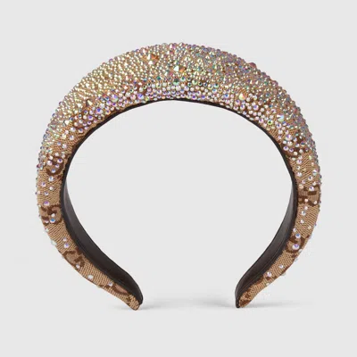 Gucci Gg Canvas Hairband With Crystals In Beige