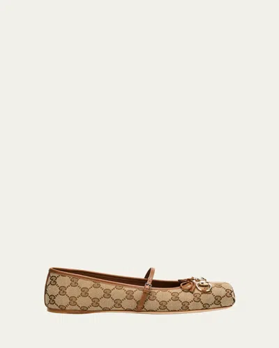 Gucci Gg Canvas Horsebit Ballerina Flats In Brown