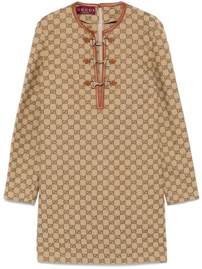 Gucci Cotton Blend Dress With All-over Gg Print In Brown