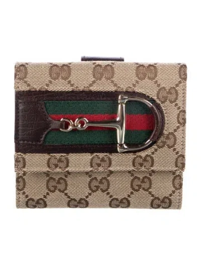 Pre-owned Gucci Gg Canvas Horsebit Sherry Line Bifold Gg Canvas Wallet In Neutral