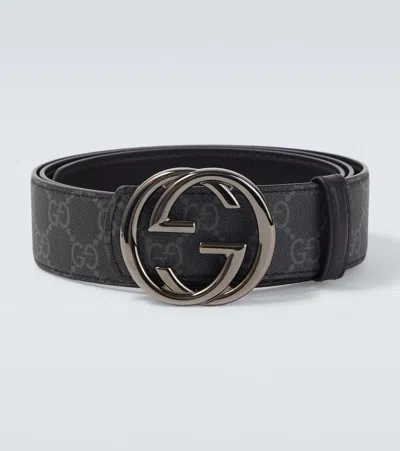 Gucci Gg Canvas Interlocking G Reversible Leather Belt In Black
