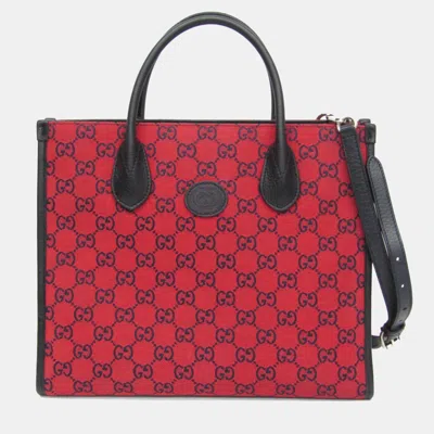 Pre-owned Gucci Gg Canvas Interlocking G Small Gg Canvas Leather Shoulder Bag Tote Bag Black Red Color