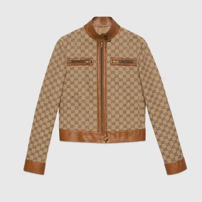 Gucci Cotton Blend Logo Jacket W/ Leather Trim In Beige
