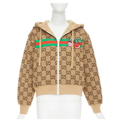 Pre-owned Gucci Gg Canvas Jacquard Web Stripe Cherry Embroidery Cropped Zip Hoodie Xs In Beige