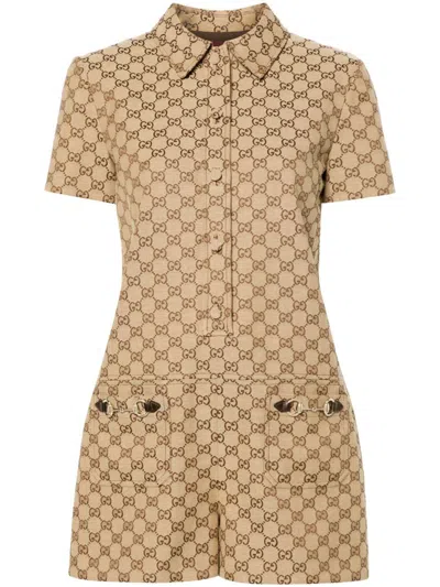 Gucci Gg Supreme Canvas Jumpsuit In Brown
