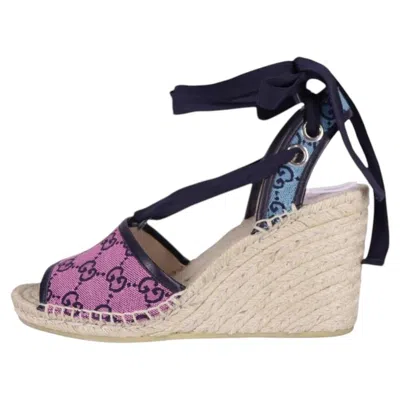 Pre-owned Gucci Gg Canvas Lace-up Espadrille Wedge Sandals - Eu 40.5