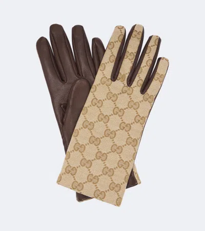 Gucci Gg Canvas Leather Gloves In Rope/dark Brown