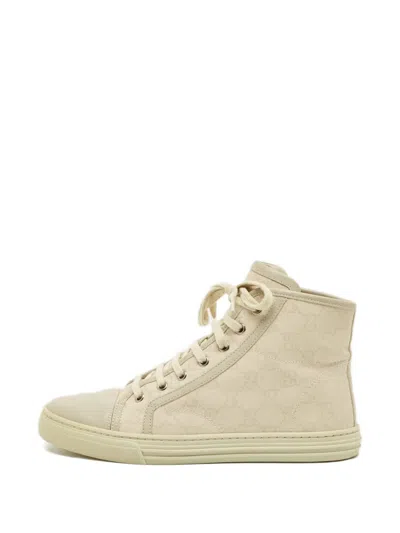 Pre-owned Gucci Gg Canvas Leather Hi-top Sneakers In Neutral